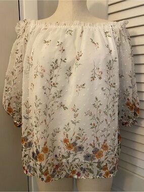 “Orchid Haze” White Floral Off-Shoulder Peasant Blouse- Size Small